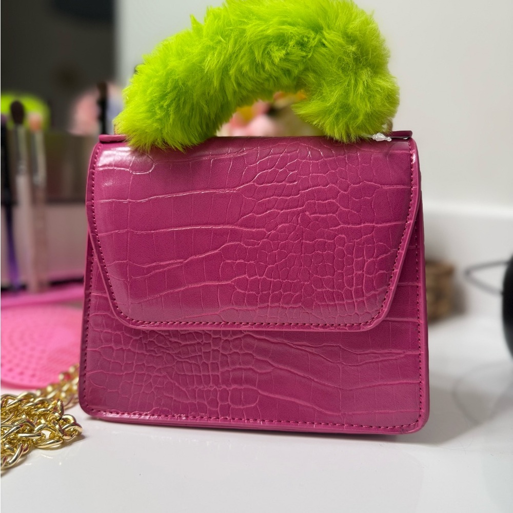 Pink Croc-Embossed Top-Handle Bag with Lime Faux-Fur Handle